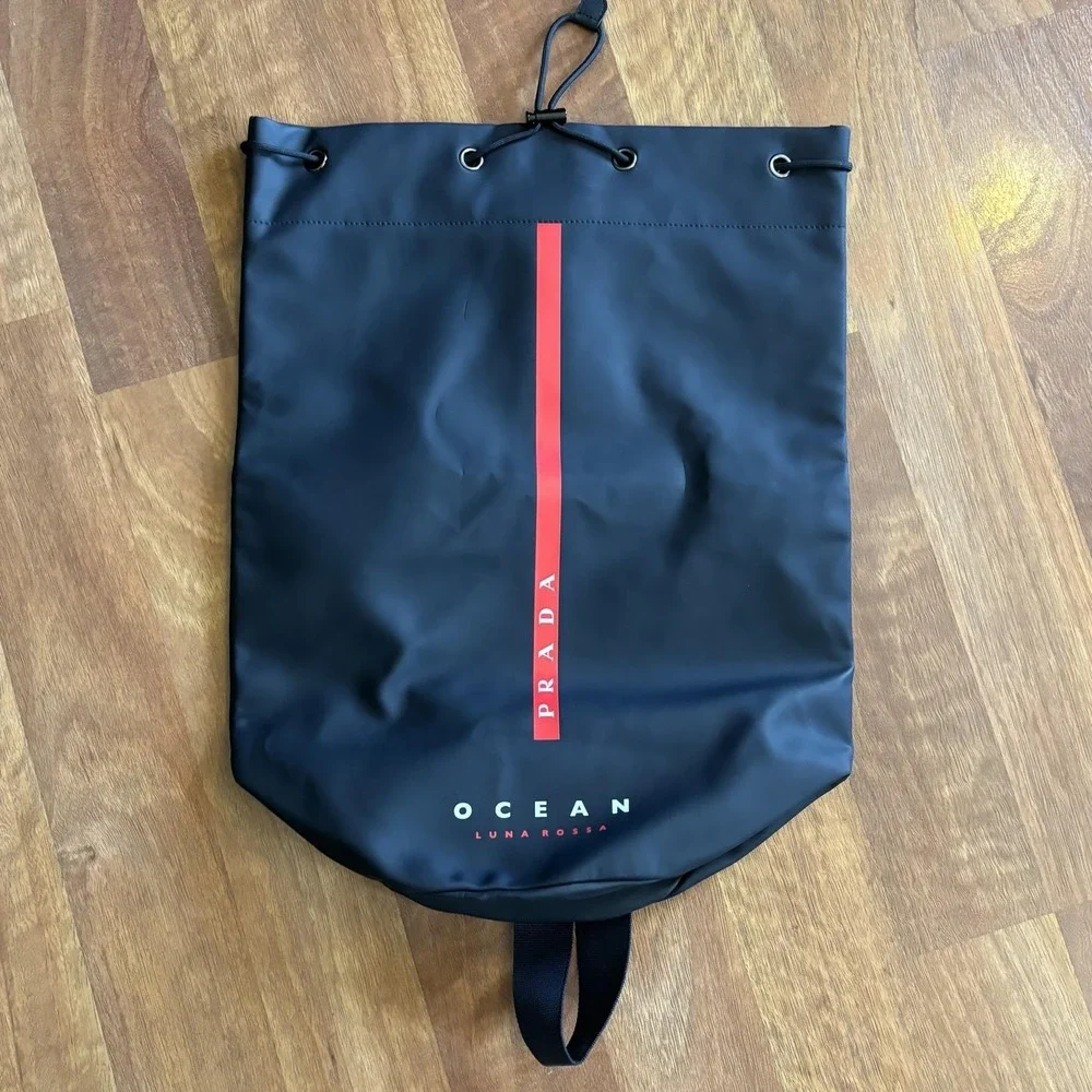 Prada Ocean Luna Rossa Backpack Mens Large Black PVC Drawstring Waterproof